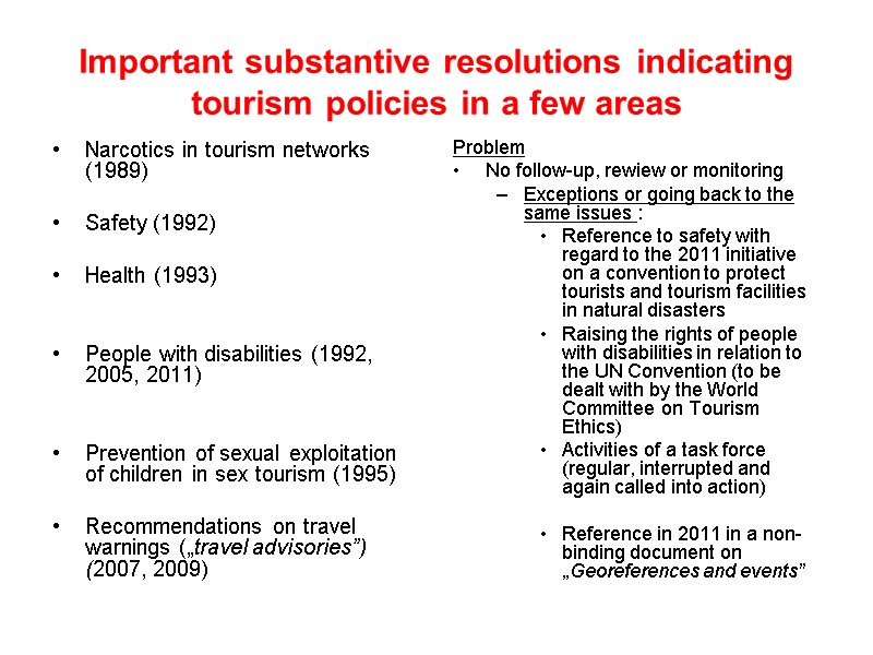 Important substantive resolutions indicating tourism policies in a few areas Narcotics in tourism networks